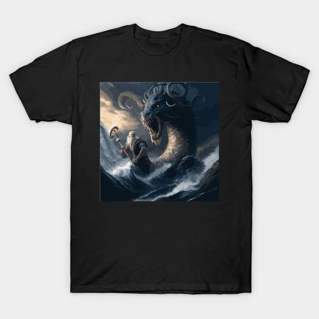 Whosoever Holds This Rope - Thor Fighting a Huge Serpent Illustration T-Shirt by gmnglx